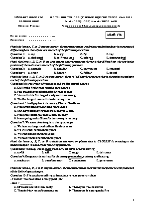 Đề thi thử tốt nghiệp Trung học Phổ thông môn Tiếng Anh năm 2021 - Sở GD-ĐT Hưng Yên - Mã đề 516 (Có đáp án)